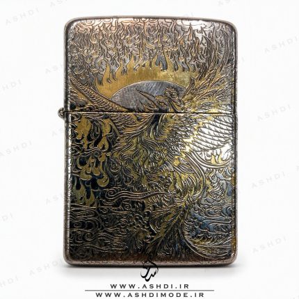فندک بنزینی زیپو آرمور طرح ققنوس و خورشید طلایی نقره‌ای High Copy | Zippo Armor Phoenix Sun Gold Silver Lighter